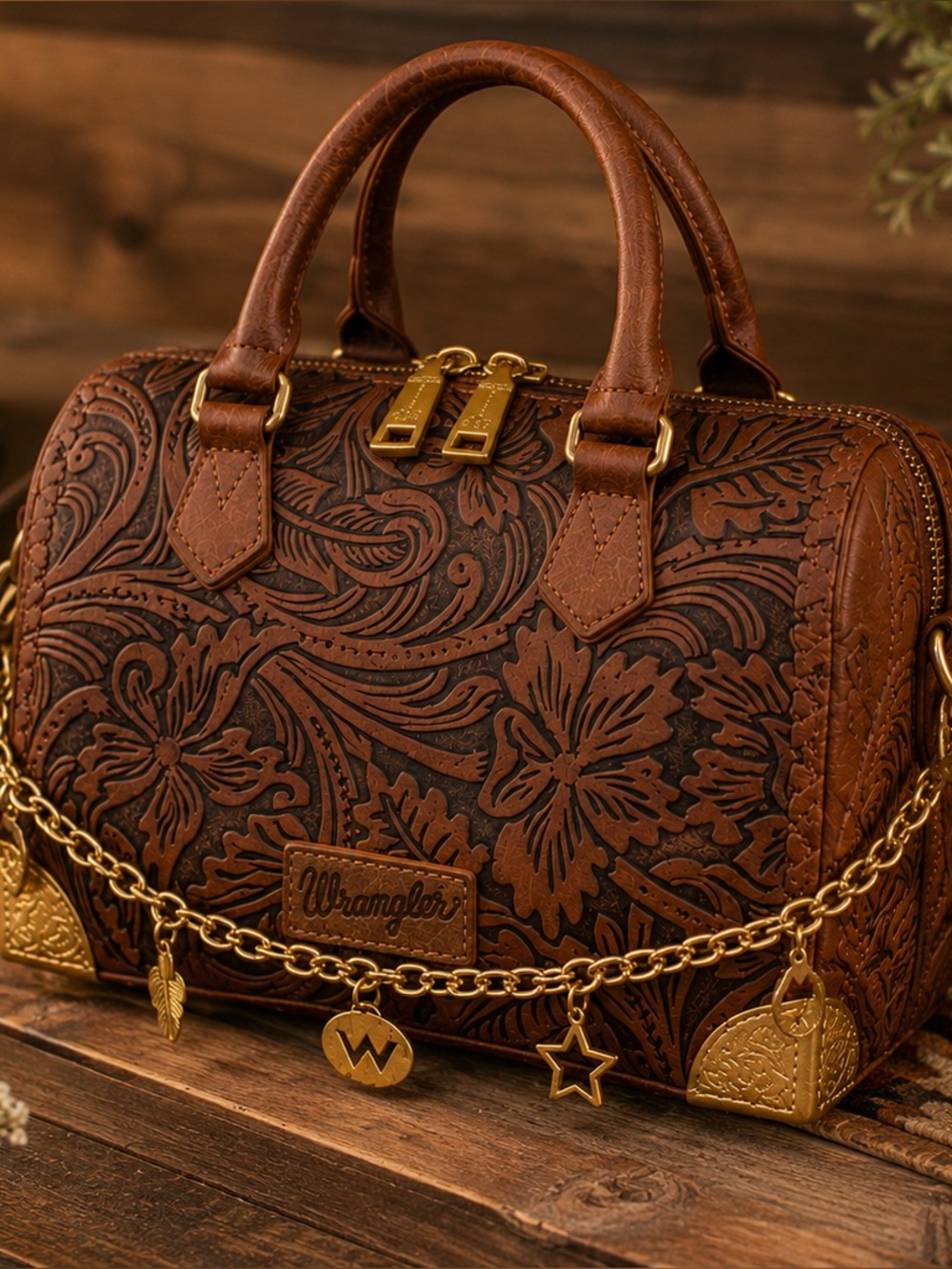 Wrangler Genuine Leather Floral Tooled Boston Stachel Crossbody Bag NWT